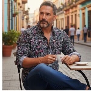 Eight X Premium Mens Slim Fit Button Down Shirt XL Black Textured Damask print